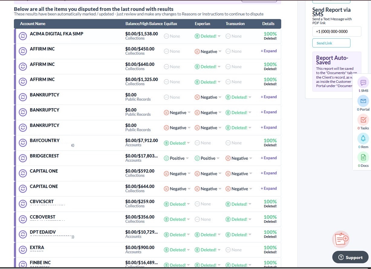 Credit report screenshot showing Acima Digital, Affirm, and Bankruptcy marked deleted.