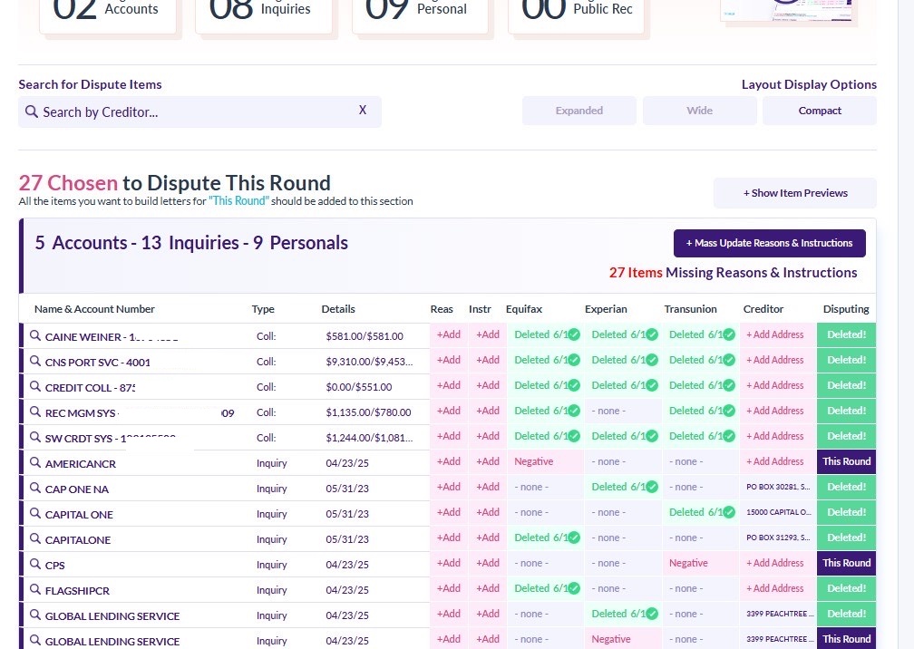 Credit report screenshot showing Caine Weiner marked deleted.