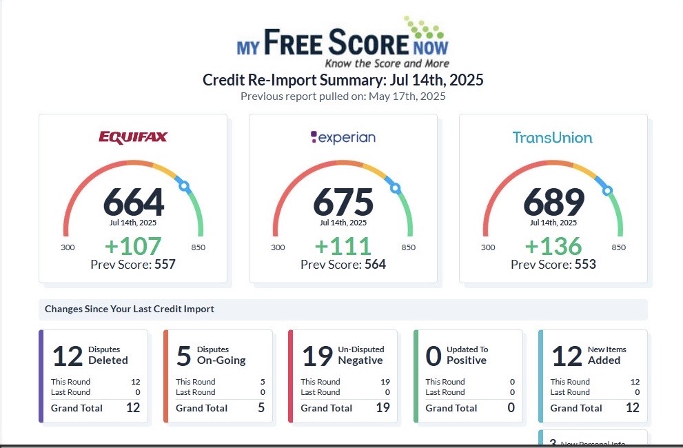 Client score summary showing 664 Equifax, 675 Experian, 689 TransUnion, and 12 disputes deleted.